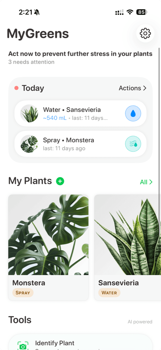 MyGreens app — care plan, plants, and AI tools
